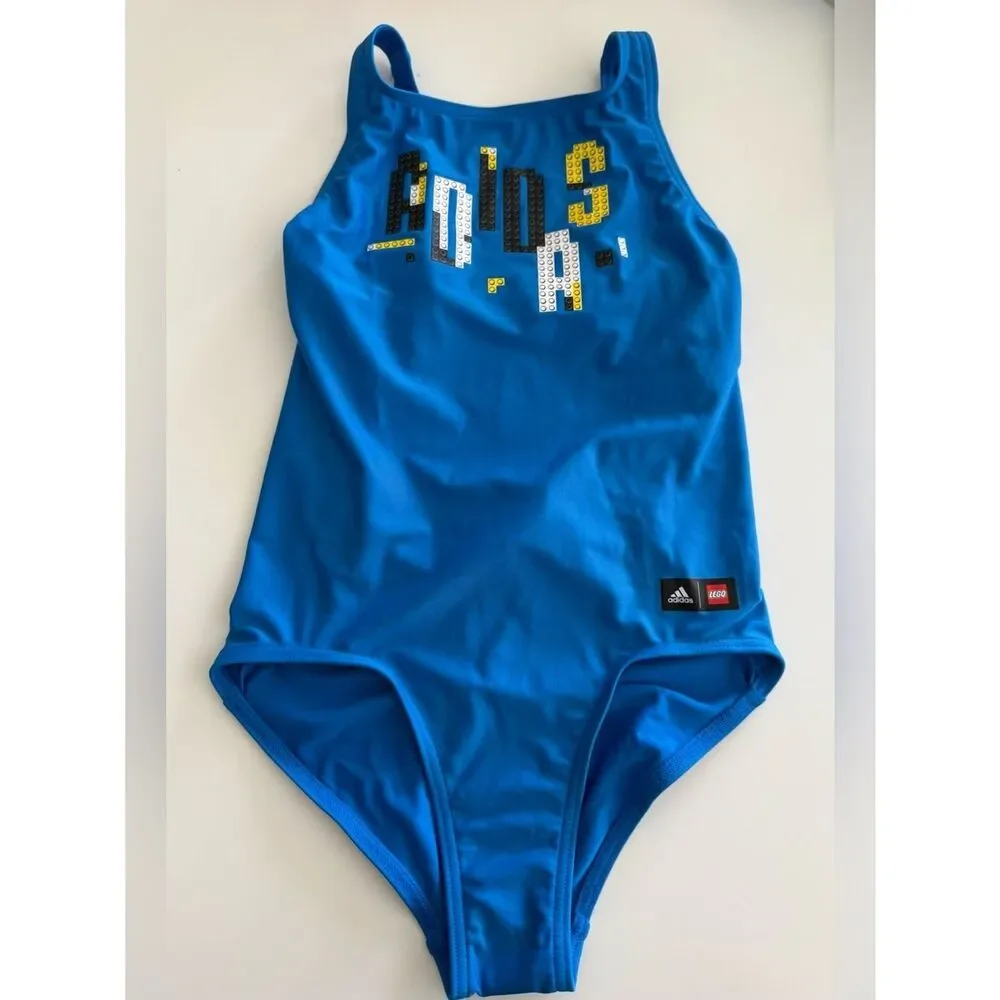 adidas X Lego Girls One Piece Graphic Bathing Suit, Blue, Medium, NWT